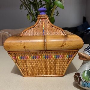 Vintage Handcrafted Burnt Bamboo Wicker Rattan Basket with Lid Multicolor Accent
